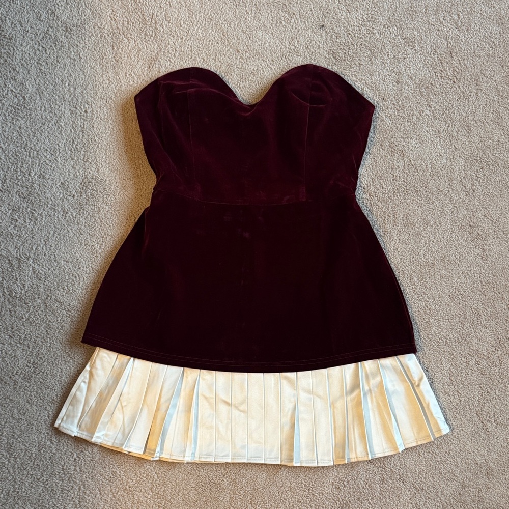 Strapless Velvet Bustier Dress with Pleated Satin Hem
